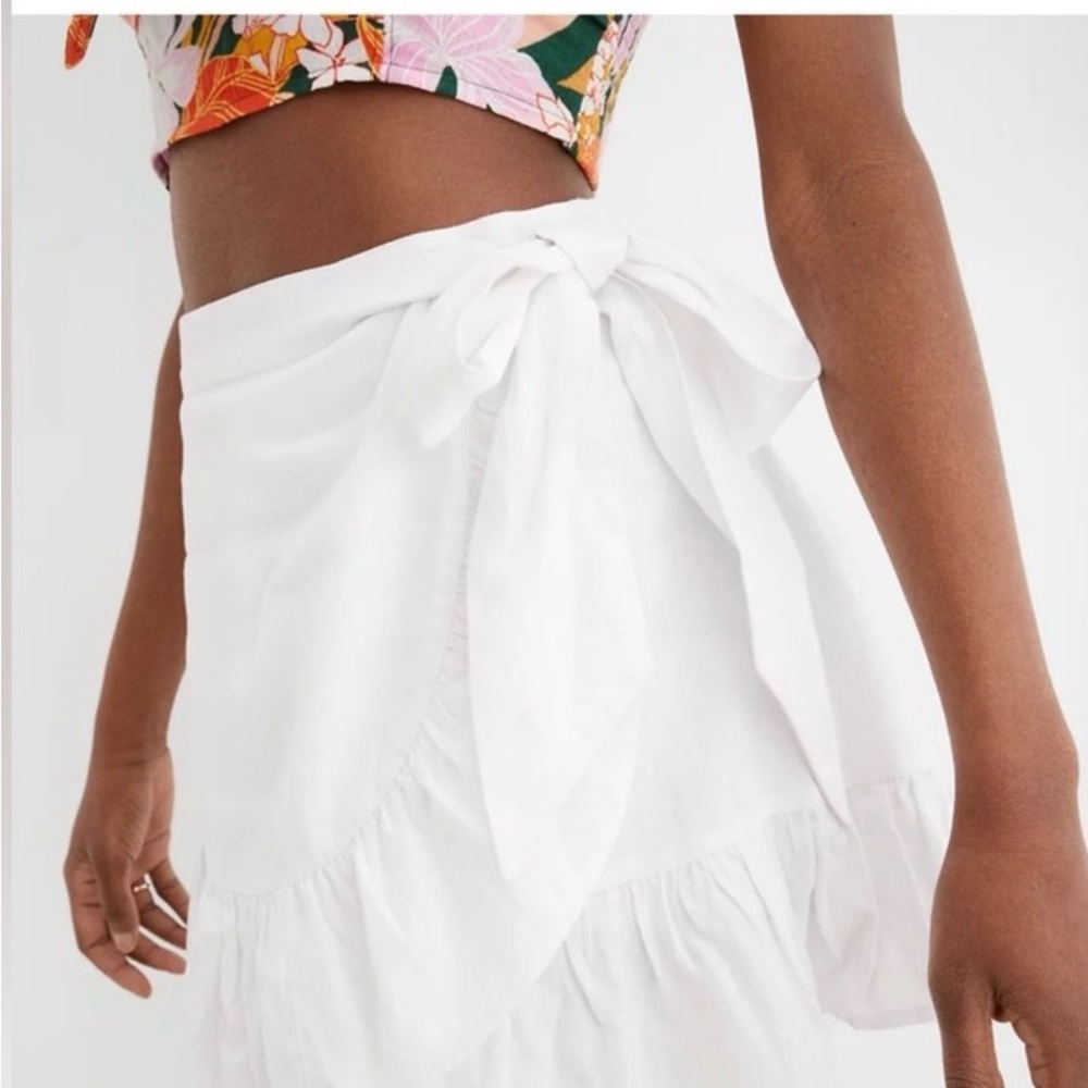 Aerie Linen Blend Ruffle Wrap Mini Wrap Skirt SIZE L in White
